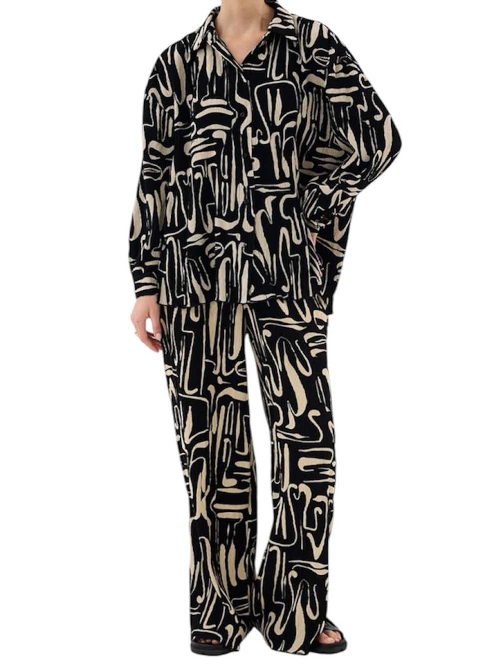 Extro & Vert | Plisse Abstract Print Wide Leg Trousers Button Down Set Size XS